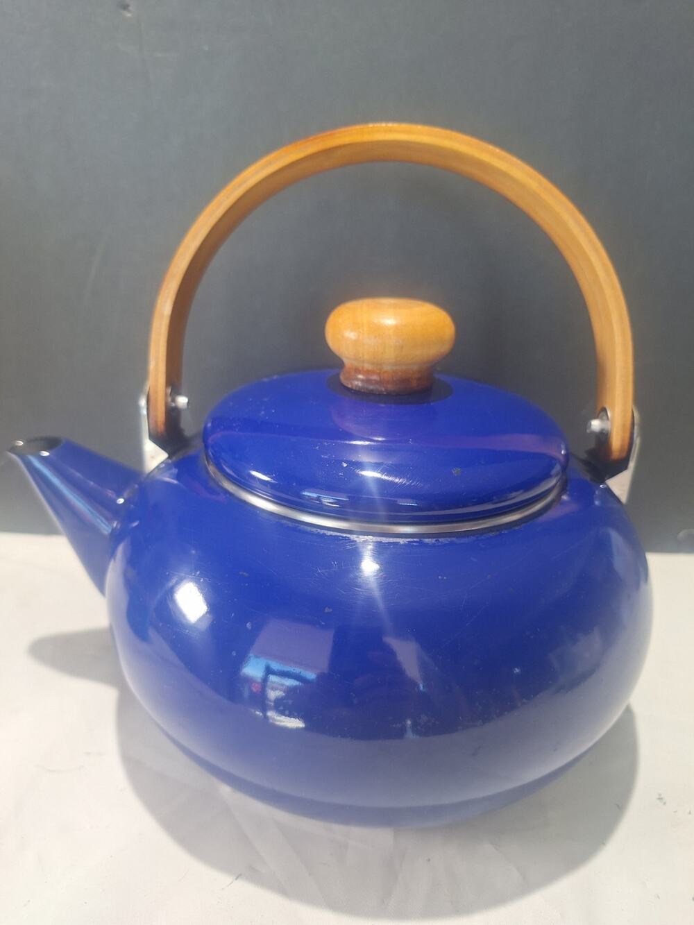 Vintage Cobalt Blue Enamel Tea Kettle Wood Handle Knob Retro Kitchen Decor
